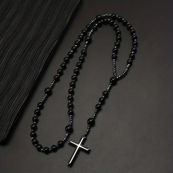 Tiger Eye Natural Stone Black Gallstone Cross Men's Stone Necklace 8mm (NEW) - Picture 4 of 6